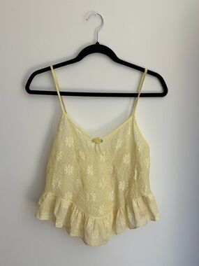Vintage Yellow Floral Rosette Ruffle Cami Sheer Tank Top